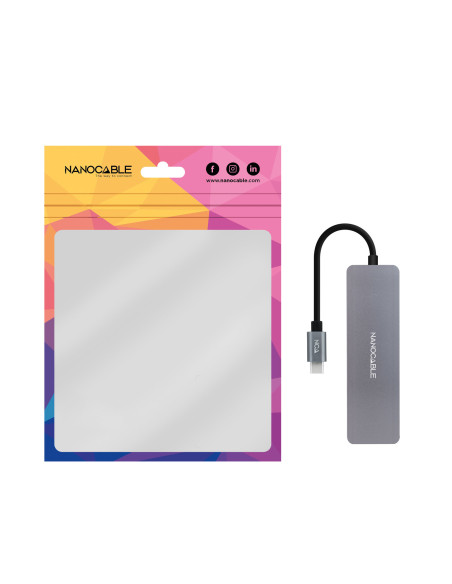 Nanocable Hub USB-C a 3xUSB3.0 H + 1xUSB-C H Aluminio 10 cm, Gris