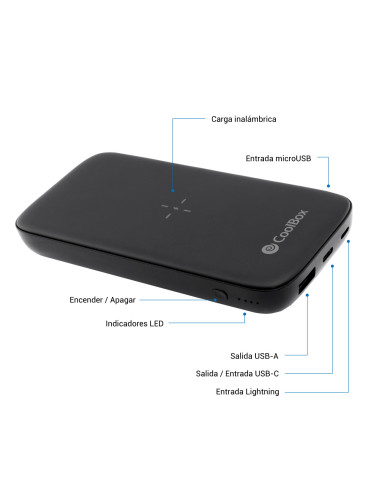 CoolBox POWERBANK QI INALAMBRICO USB-A USB-C MICROUSB LIGHTING 10.000MAH NEGRO