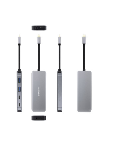 Nanocable HUB USB-C 6 en 1, Conversor USB-C 3.2 GEN1 5G a 2 x USB-A + 2 x USB-C + HDMI + USB-C PD 100W, Aluminio, 15 cm, Gris