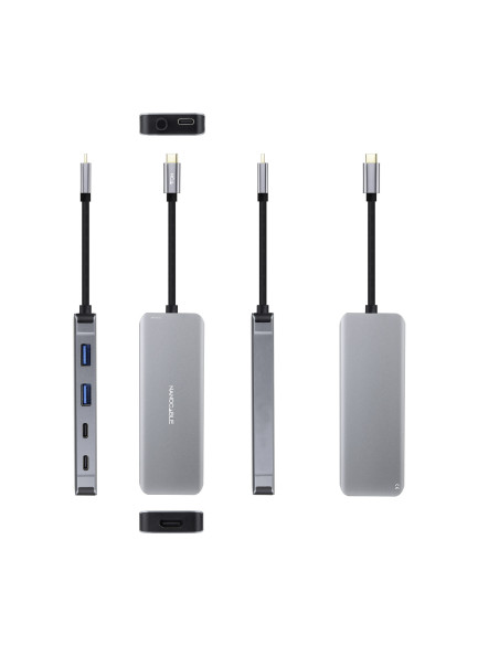 Nanocable HUB USB-C 6 en 1, Conversor USB-C 3.2 GEN1 5G a 2 x USB-A + 2 x USB-C + HDMI + USB-C PD 100W, Aluminio, 15 cm, Gris
