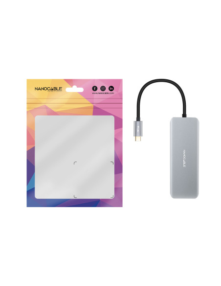 Nanocable HUB USB-C 6 en 1, Conversor USB-C 3.2 GEN1 5G a 2 x USB-A + 2 x USB-C + HDMI + USB-C PD 100W, Aluminio, 15 cm, Gris