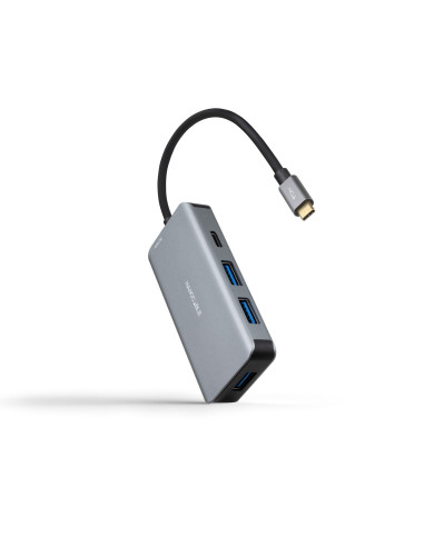 Nanocable HUB USB-C 5 en 1, Conversor 3.2 GEN1 5G a 3 x USB-A 3.0 + USB-C + USB-C PD 100W, Aluminio, 15 cm, Gris