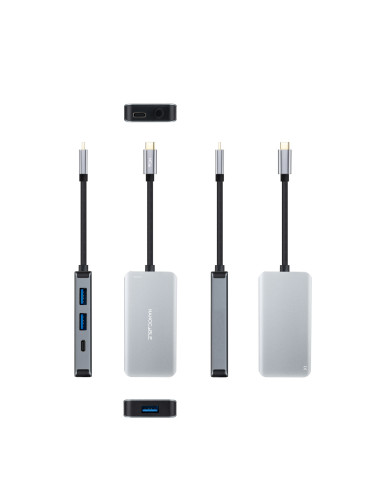 Nanocable HUB USB-C 5 en 1, Conversor 3.2 GEN1 5G a 3 x USB-A 3.0 + USB-C + USB-C PD 100W, Aluminio, 15 cm, Gris