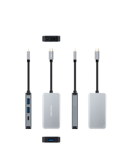 Nanocable HUB USB-C 5 en 1, Conversor 3.2 GEN1 5G a 3 x USB-A 3.0 + USB-C + USB-C PD 100W, Aluminio, 15 cm, Gris