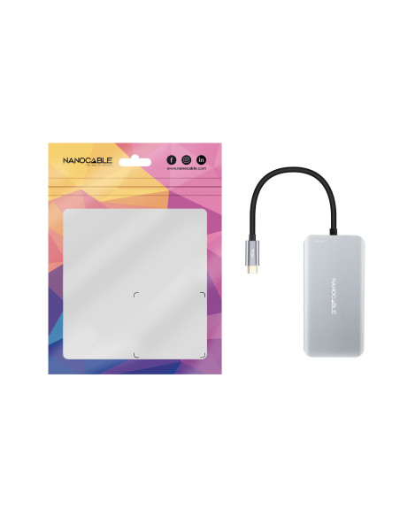 Nanocable HUB USB-C 5 en 1, Conversor 3.2 GEN1 5G a 3 x USB-A 3.0 + USB-C + USB-C PD 100W, Aluminio, 15 cm, Gris