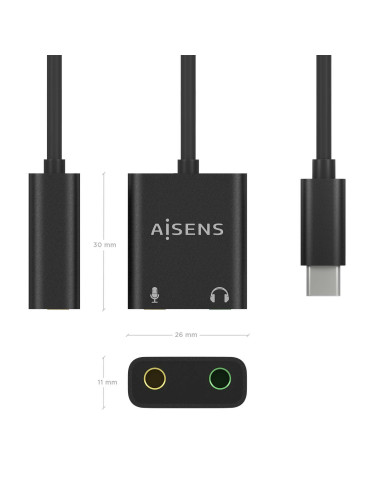 AISENS Conversor USB-C a Audio 48KHz, USB-C M-2xJack 3.5 H, Negro, 10 cm