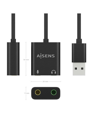 AISENS Conversor USB-A a Audio 48KHz, USB-A M-2xJack 3.5 H, Negro, 10 cm