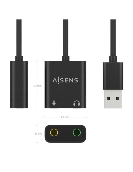 AISENS Conversor USB-A a Audio 48KHz, USB-A M-2xJack 3.5 H, Negro, 10 cm