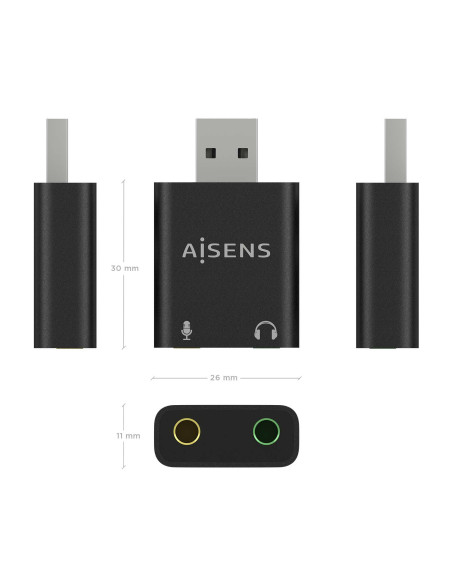 AISENS Conversor USB-A a Audio 48KHz, USB-A M-2xJack 3.5 H, Negro