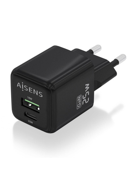 AISENS Cargador GaN 25W, 1xUSB-C PD3.0 QC4.0, 1xUSB-A QC3.0, Negro