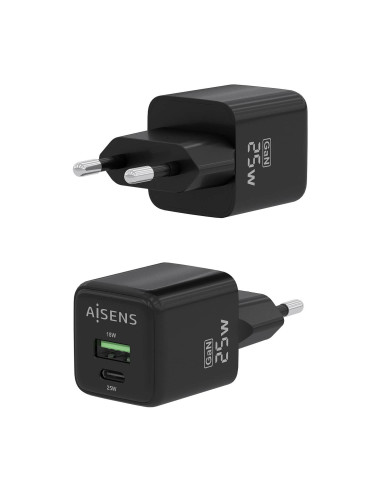AISENS Cargador GaN 25W, 1xUSB-C PD3.0 QC4.0, 1xUSB-A QC3.0, Negro