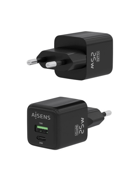 AISENS Cargador GaN 25W, 1xUSB-C PD3.0 QC4.0, 1xUSB-A QC3.0, Negro