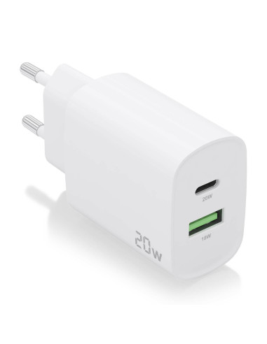 AISENS Cargador 20W, 1xUSB-C PD3.0, 1xUSB-A QC3.0, Blanco