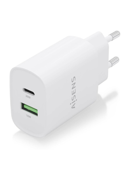 AISENS Cargador 20W, 1xUSB-C PD3.0, 1xUSB-A QC3.0, Blanco