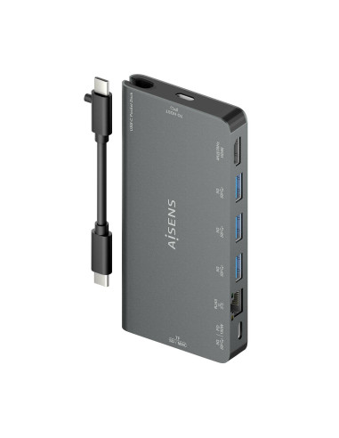 AISENS USB-C Dock 8 en 1, USB-C a 1xHDMI, 1xRJ45, 3xUSB-A, 1xUSB-C Datos+PD, 1xSD, 1xMicro SD, Gris, 10 cm