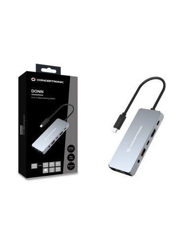 Conceptronic DONN22G base para portátil y replicador de puertos Alámbrico USB 3.2 Gen 2 (3.1 Gen 2) Type-C Gris