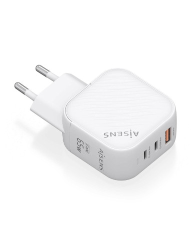 AISENS Cargador GaN 65W, 2xUSB-C PD3.0 QC4.0, 1xUSB-A QC3.0, Blanco