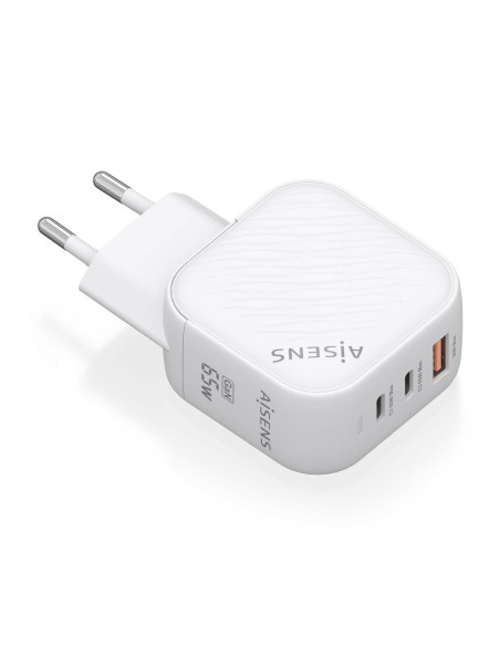 AISENS Cargador GaN 65W, 2xUSB-C PD3.0 QC4.0, 1xUSB-A QC3.0, Blanco