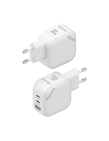 AISENS Cargador GaN 65W, 2xUSB-C PD3.0 QC4.0, 1xUSB-A QC3.0, Blanco