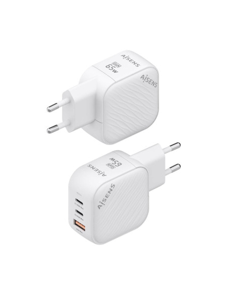 AISENS Cargador GaN 65W, 2xUSB-C PD3.0 QC4.0, 1xUSB-A QC3.0, Blanco