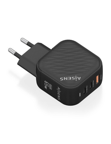 AISENS Cargador GaN 65W, 2xUSB-C PD3.0 QC4.0, 1xUSB-A QC3.0, Negro
