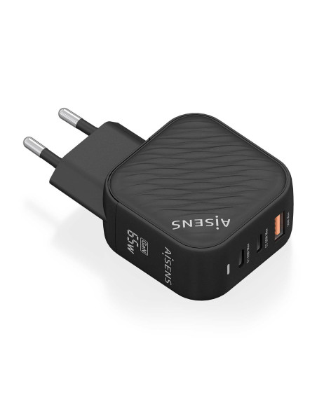 AISENS Cargador GaN 65W, 2xUSB-C PD3.0 QC4.0, 1xUSB-A QC3.0, Negro