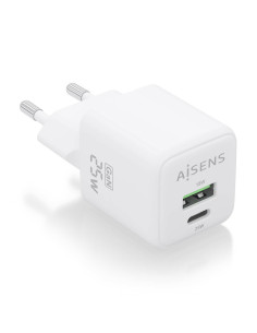 AISENS Cargador GaN 25W, 1xUSB-C PD3.0 QC4.0, 1xUSB-A QC3.0, Blanco