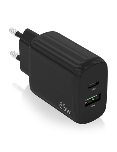 AISENS Cargador 25W, 1xUSB-C PD3.0, 1xUSB-A QC3.0, Negro