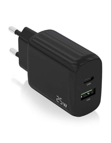 AISENS Cargador 25W, 1xUSB-C PD3.0, 1xUSB-A QC3.0, Negro