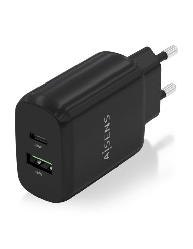 AISENS Cargador 25W, 1xUSB-C PD3.0, 1xUSB-A QC3.0, Negro