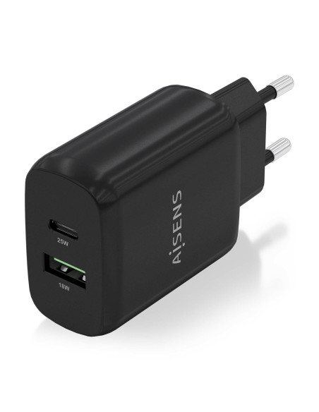 AISENS Cargador 25W, 1xUSB-C PD3.0, 1xUSB-A QC3.0, Negro