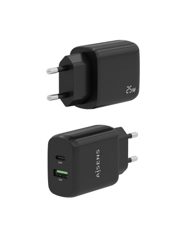 AISENS Cargador 25W, 1xUSB-C PD3.0, 1xUSB-A QC3.0, Negro