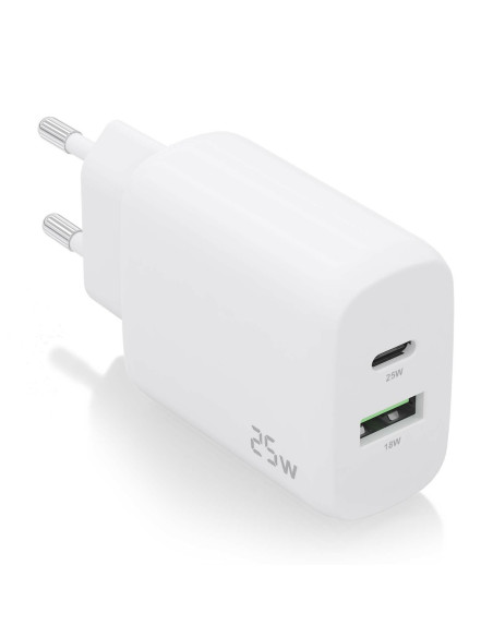 AISENS Cargador 25W, 1xUSB-C PD3.0, 1xUSB-A QC3.0, Blanco