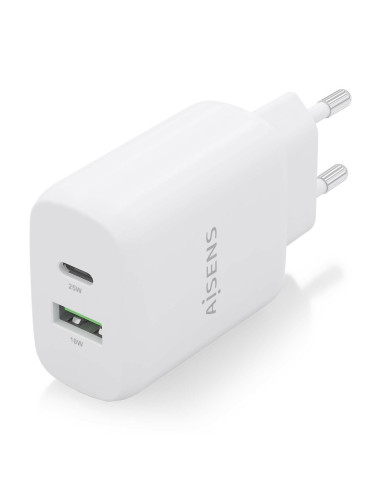 AISENS Cargador 25W, 1xUSB-C PD3.0, 1xUSB-A QC3.0, Blanco
