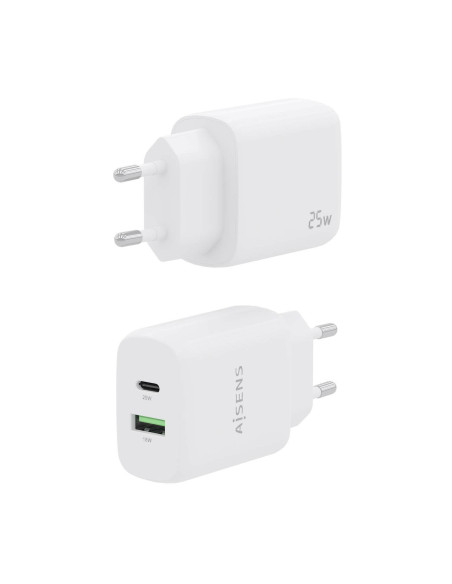 AISENS Cargador 25W, 1xUSB-C PD3.0, 1xUSB-A QC3.0, Blanco