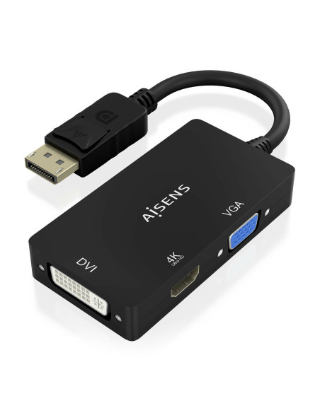 AISENS Conversor Displayport V1.2 a VGA DVI HDMI, DP 1.2 M-VGA H-DVI H-HDMI H 4K, Negro, 15cm
