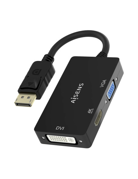 AISENS Conversor Displayport V1.2 a VGA DVI HDMI, DP 1.2 M-VGA H-DVI H-HDMI H 4K, Negro, 15cm