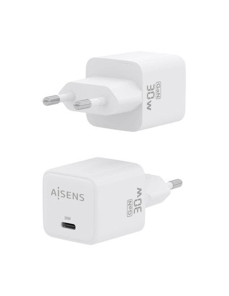 AISENS Cargador Gan 30W, 1xUSB-C PD3.0 QD4.0, Blanco