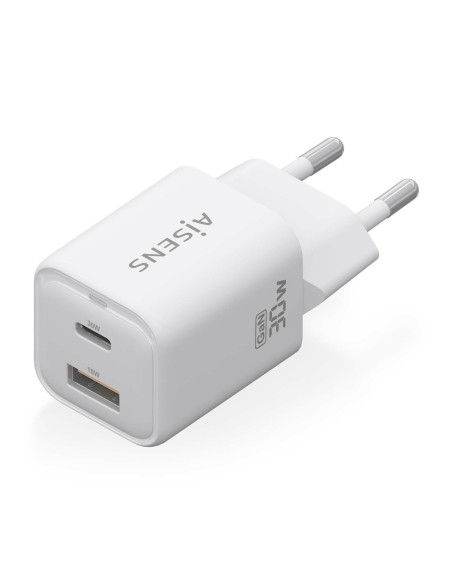 AISENS Cargador Gan 30W, 1xUSB-C PD3.0 QC4.0, 1xUSB-A QC3.0, Blanco