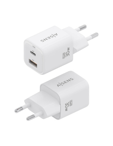 AISENS Cargador Gan 30W, 1xUSB-C PD3.0 QC4.0, 1xUSB-A QC3.0, Blanco
