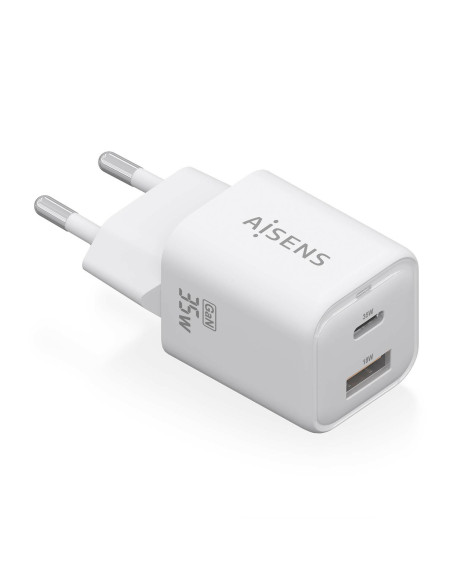 AISENS Cargador Gan 35W, 1xUSB-C PD3.0 QC4.0, 1xUSB-A QC3.0, Blanco