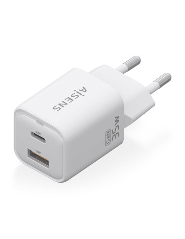 AISENS Cargador Gan 35W, 1xUSB-C PD3.0 QC4.0, 1xUSB-A QC3.0, Blanco