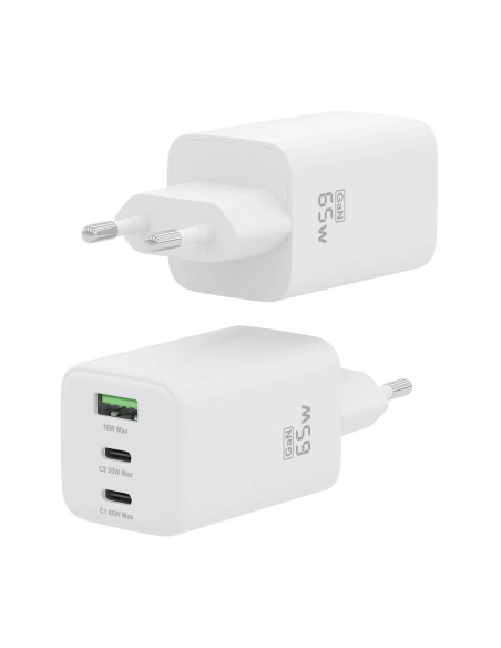 AISENS Cargador Gan 65W, 2xUSB-C PD3.0 QC4.0, 1xUSB-A QC3.0, Blanco