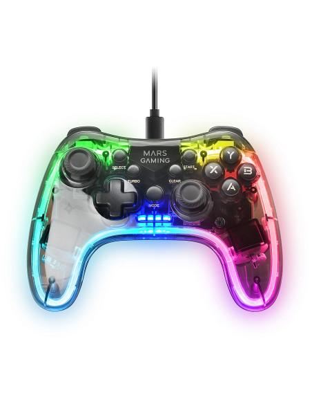 Mars Gaming MGP-C, Gamepad Profesional Neón RGB, Vibración Háptica Dual, Joysticks Analógicos, Mando para PC, Switch, PS3,
