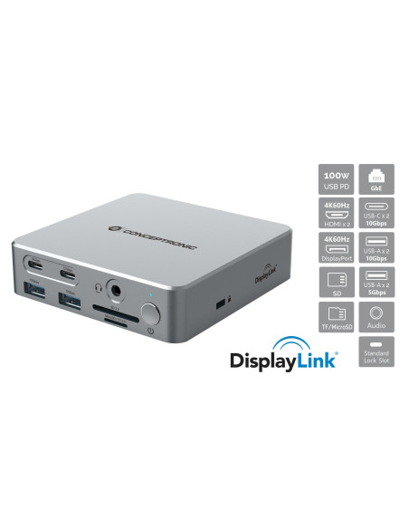 Conceptronic DONN25G base para portátil y replicador de puertos Alámbrico USB 3.2 Gen 2 (3.1 Gen 2) Type-C Plata