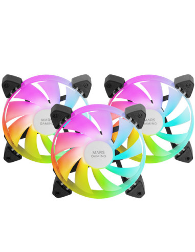 Mars Gaming MF-3A, Kit 3x Ventiladores FDB Ultrasilenciosos 120mm, Iluminación ARGB Rainbow 360º Sin Marco, Ventialdores 3en1