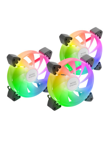 Mars Gaming MF-3A, Kit 3x Ventiladores FDB Ultrasilenciosos 120mm, Iluminación ARGB Rainbow 360º Sin Marco, Ventialdores 3en1