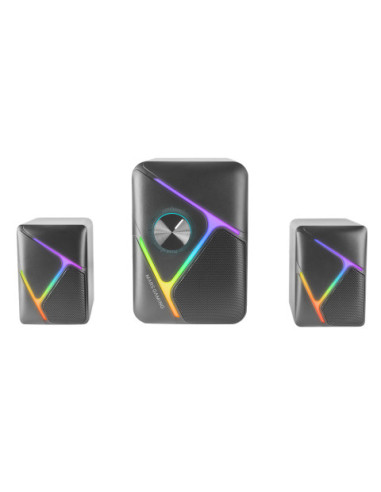 Mars Gaming MS-H21, Altavoces Gaming RGB 2.1 y Subwoofer 35W, Sistema Drivers Invertidos 3D Surround, Altavoces Compactos con