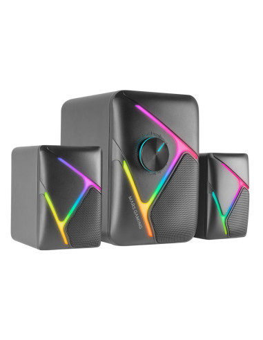 Mars Gaming MS-H21, Altavoces Gaming RGB 2.1 y Subwoofer 35W, Sistema Drivers Invertidos 3D Surround, Altavoces Compactos con