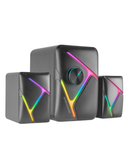 Mars Gaming MS-H21, Altavoces Gaming RGB 2.1 y Subwoofer 35W, Sistema Drivers Invertidos 3D Surround, Altavoces Compactos con